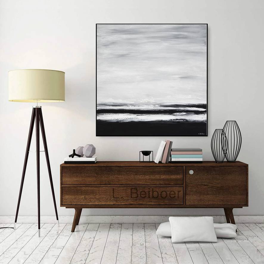 Black Painting White Contemporary Abstract Canvas Artwork Y5EPQ wall art